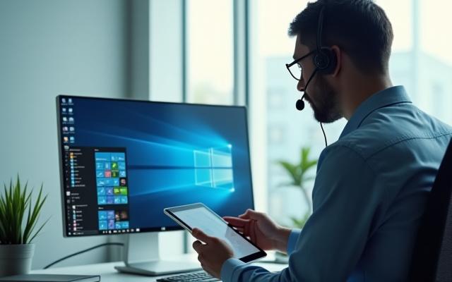 태블릿을 사용하여 원격으로 컴퓨터를 관리하는 기술자의 뒷 모습