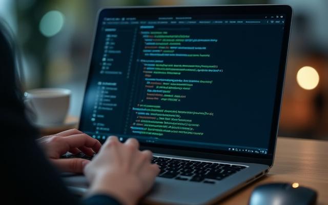 노트북 화면에서 소프트웨어 코드를 확인하는 모습